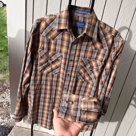 Pendleton Frontier Plaid Western Shirt M - Brown/Blue, Vintage, Snap Buttons - Picture 1 of 8